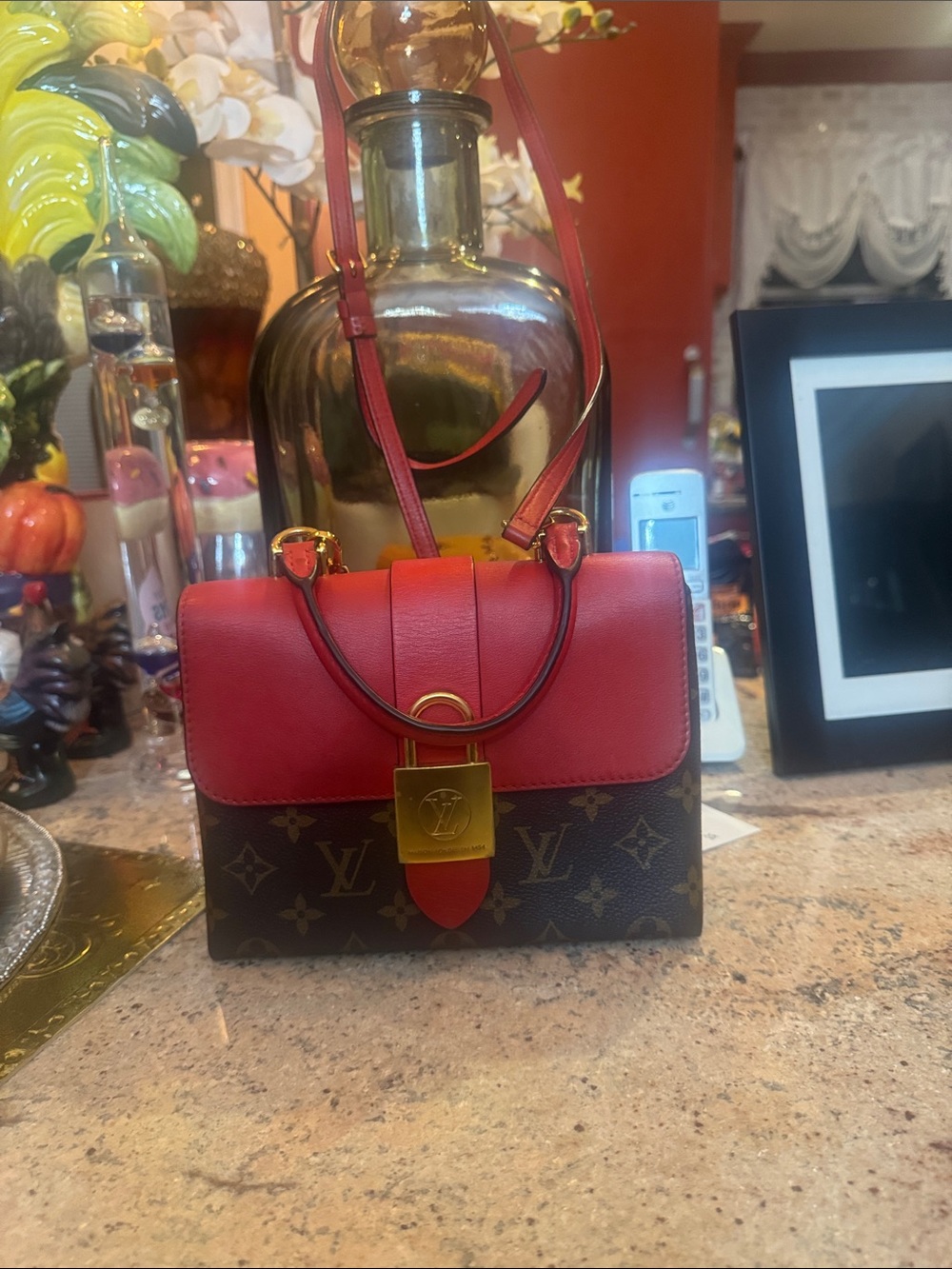 Louis Vuitton Red and Brown Monogram Top-Handle Crossbody. Exc Condition.